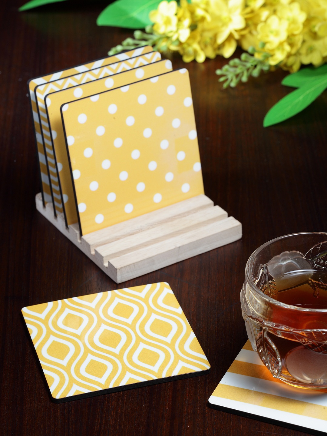 

Alina Decor Set of 6 Printed Coasters With Wooden Stand, Yellow