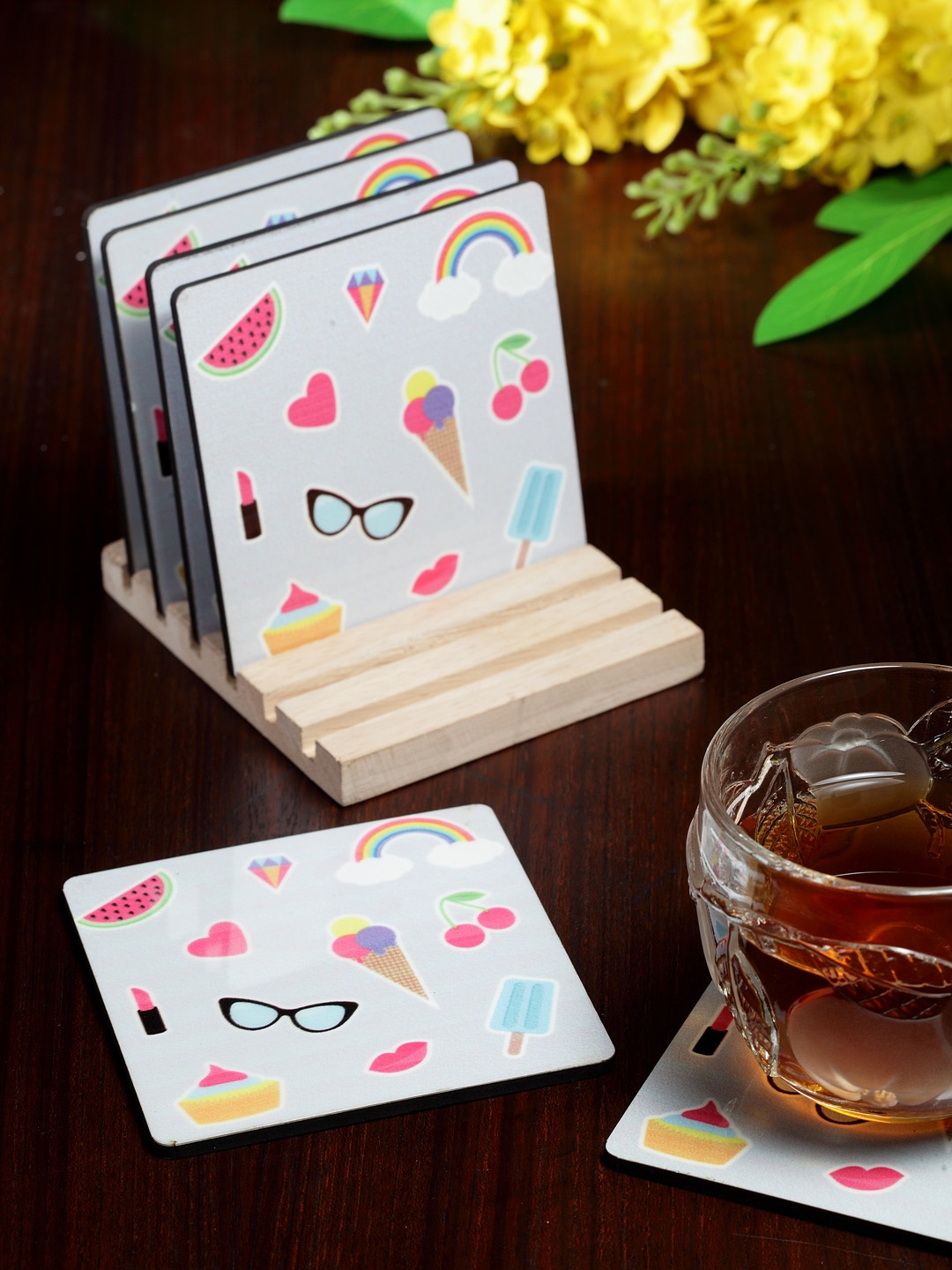

Alina Decor Set of 6 Printed Coasters With Wooden Stand, Grey