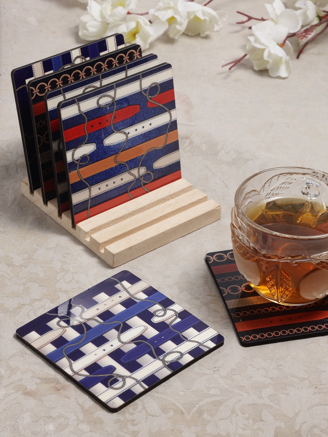 

Alina Decor Set of 6 Printed Coasters With Wooden Stand, Multi