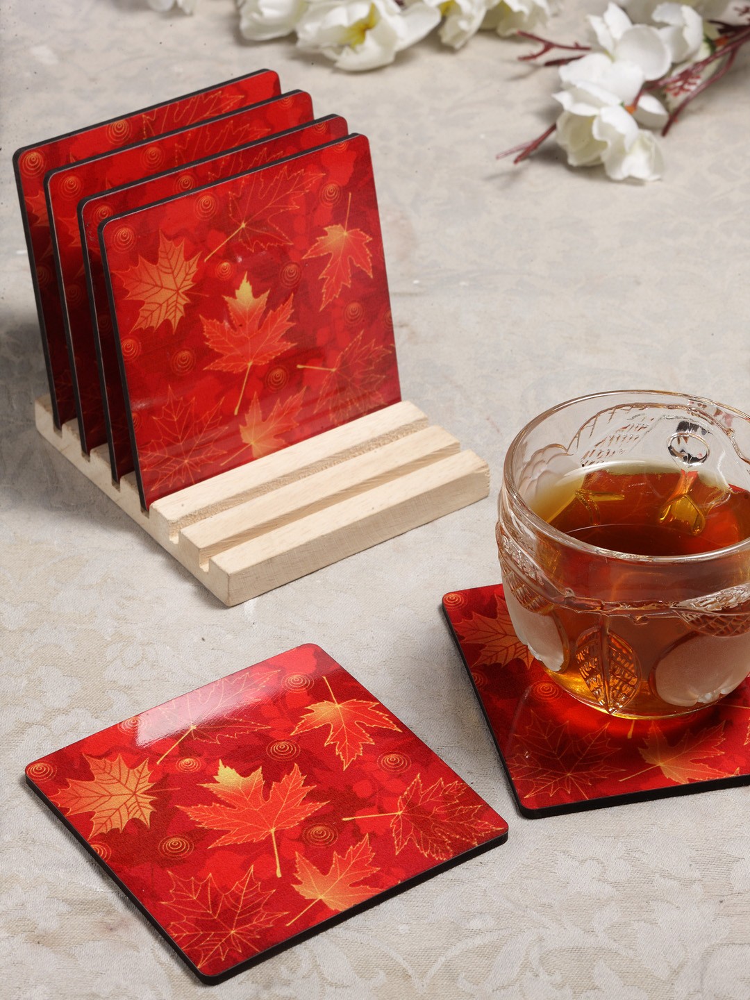 

Alina Decor Set of 6 Printed Coasters With Wooden Stand, Red