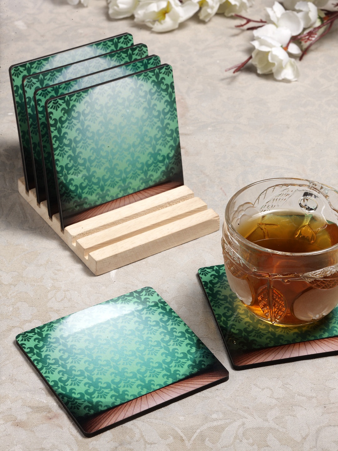 

Alina Decor Set of 6 Printed Coasters With Wooden Stand, Green