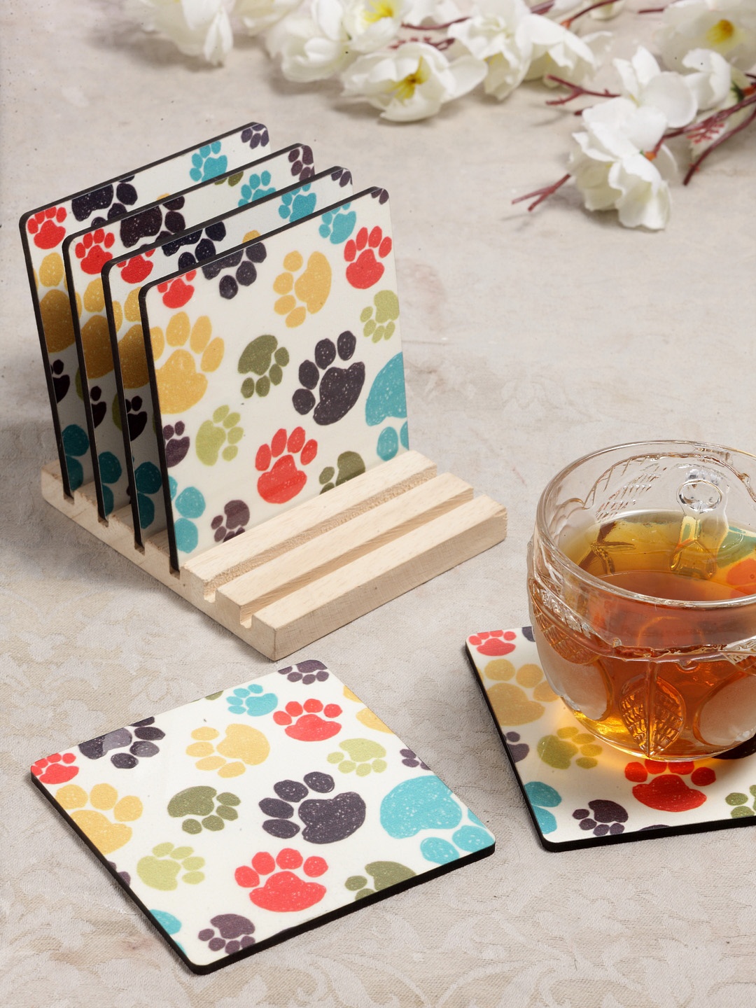

Alina Decor Set of 6 Printed Coasters With Wooden Stand, Off white