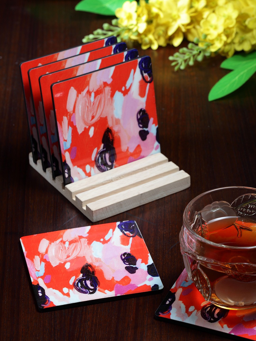 

Alina Decor Set of 6 Printed Coasters With Wooden Stand, Multi