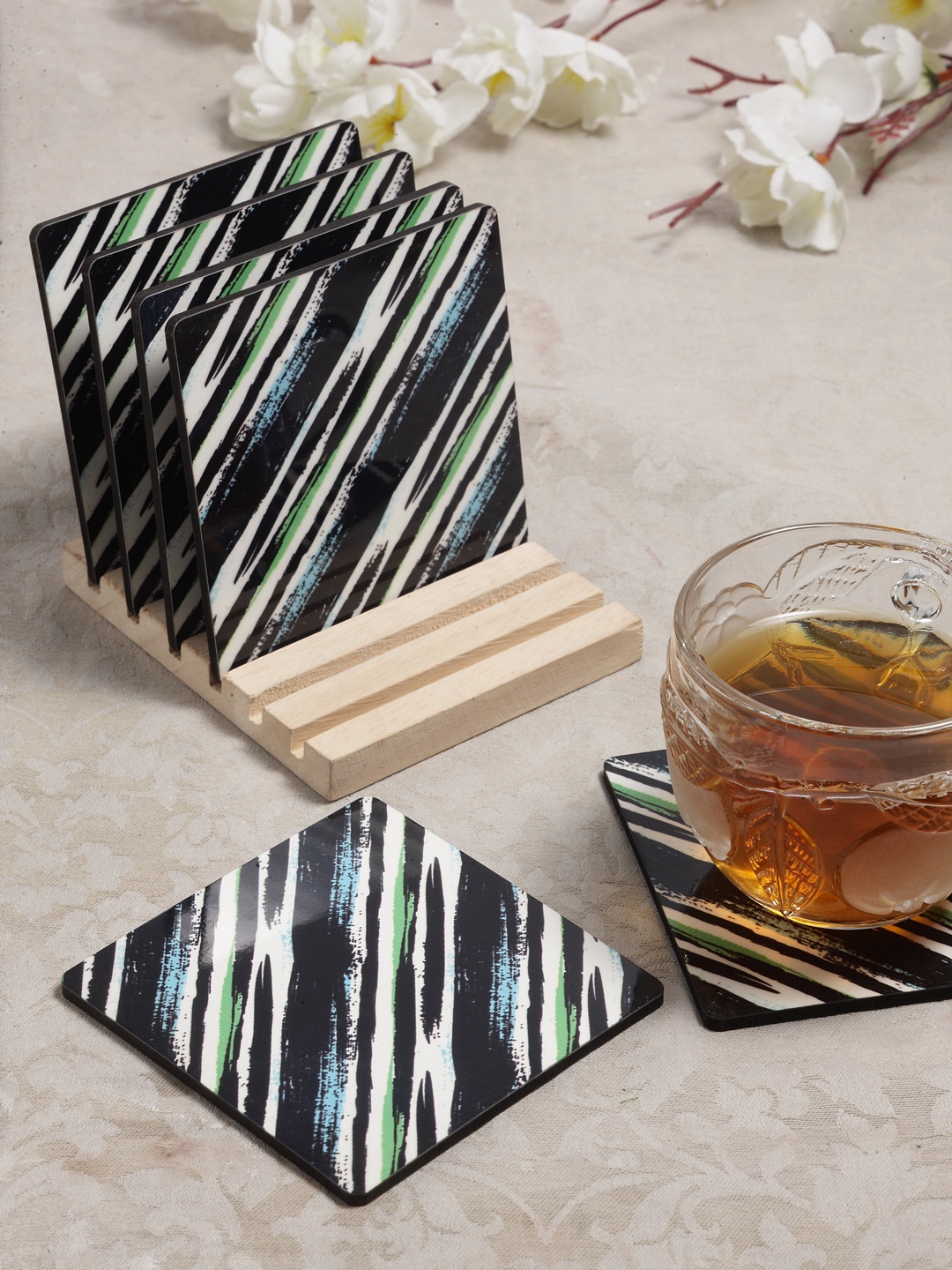 

Alina Decor Set of 6 Printed Coasters With Wooden Stand, Black