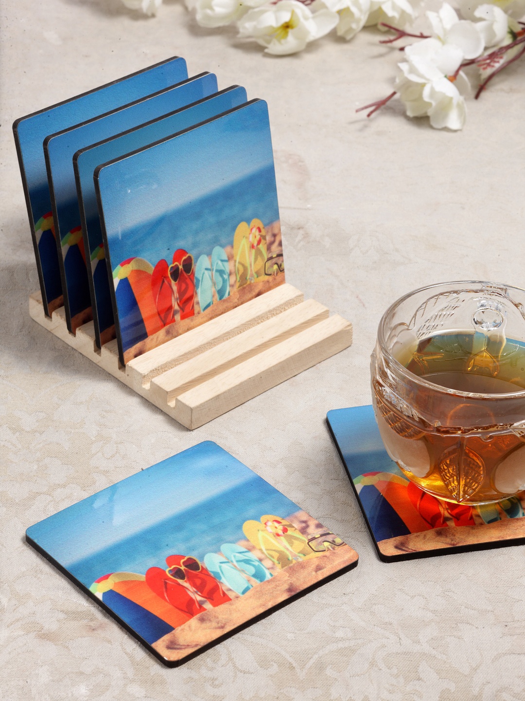 

Alina Decor Set of 6 Printed Coasters With Wooden Stand, Blue