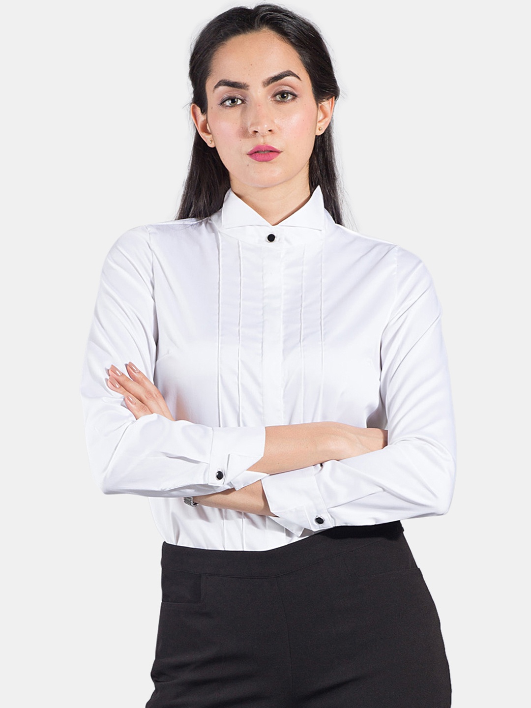 FableStreet Women White Slim Fit Solid Formal Shirt