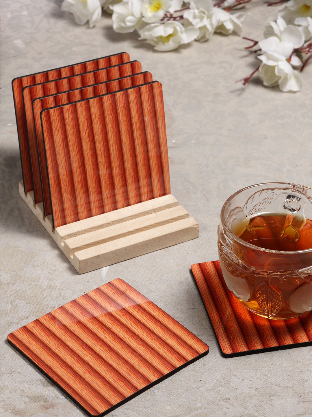

Alina Decor Set of 6 Printed Coasters With Wooden Stand, Brown