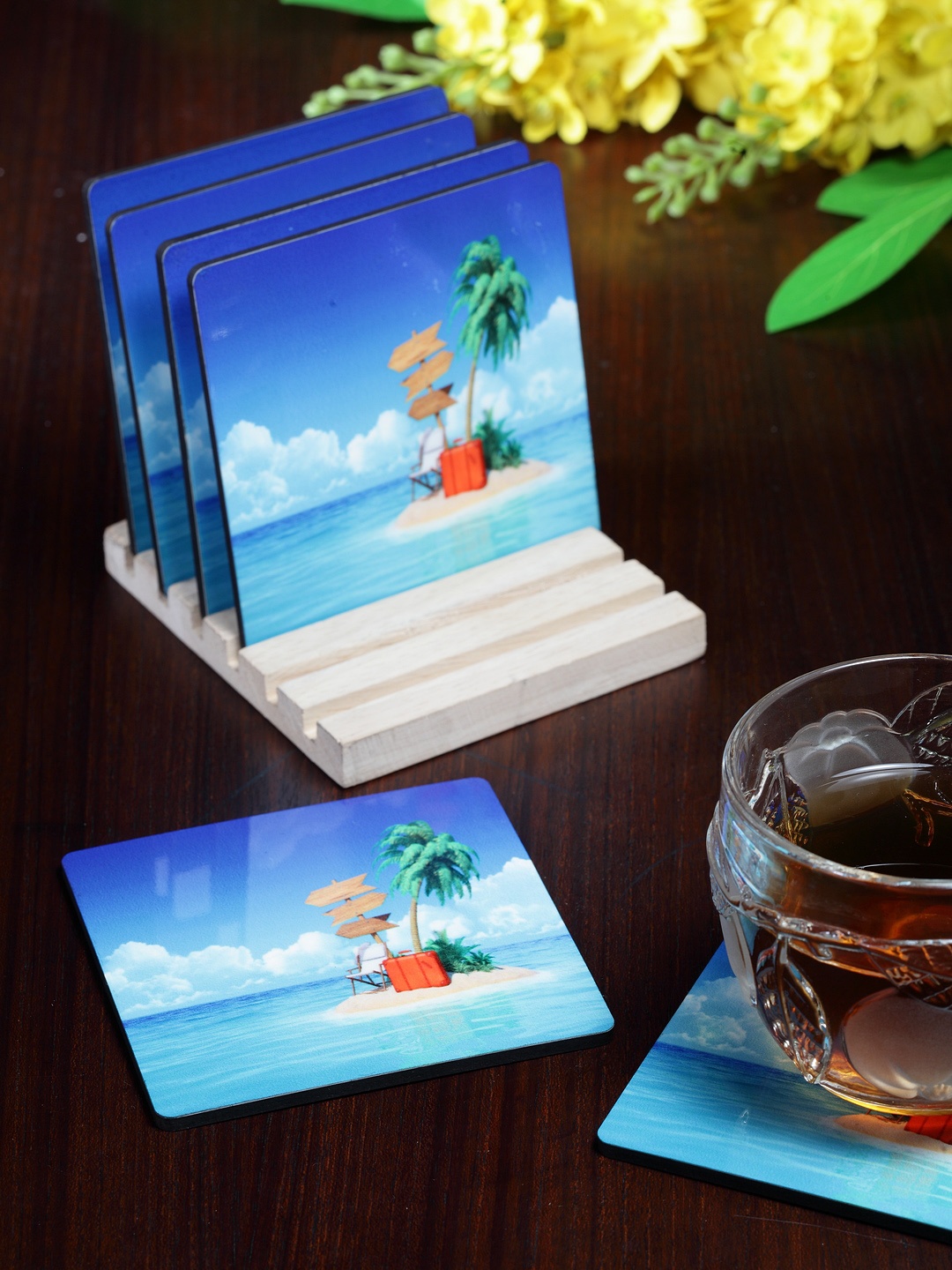 

Alina Decor Set of 6 Printed Coasters With Wooden Stand, Blue
