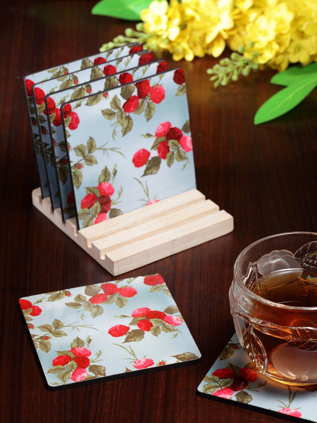 

Alina Decor Set of 6 Printed Coasters With Wooden Stand, Blue