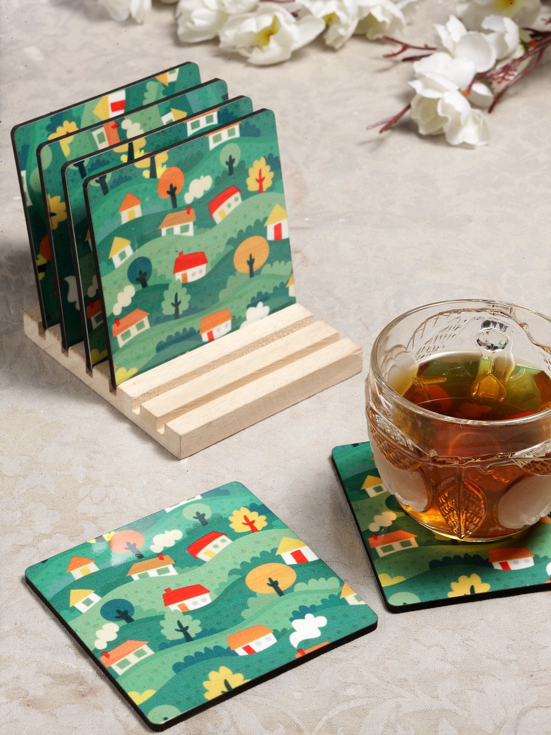 

Alina Decor Set of 6 Printed Coasters With Wooden Stand, Green