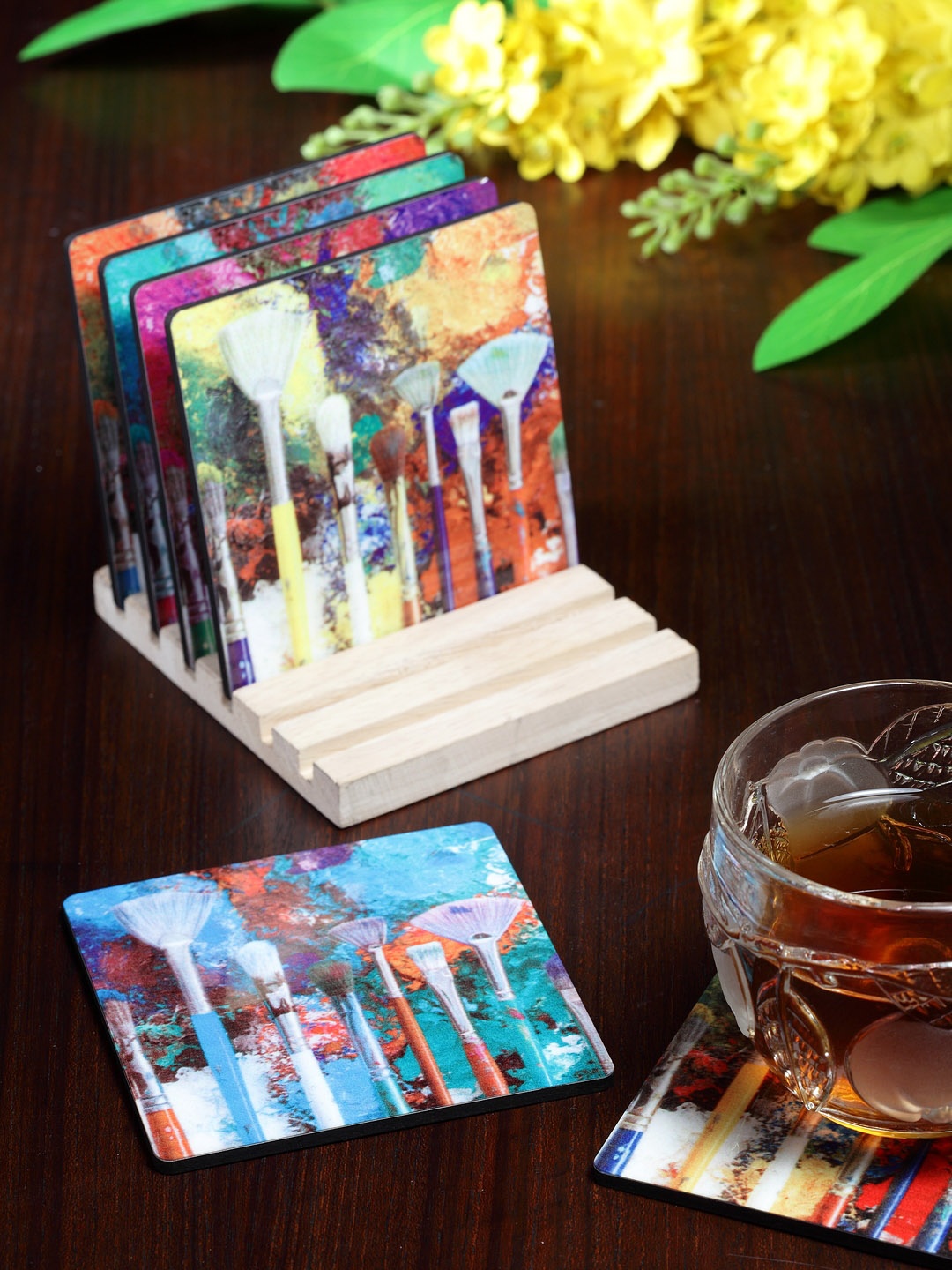 

Alina Decor Set of 6 Printed Coasters With Wooden Stand, Multi