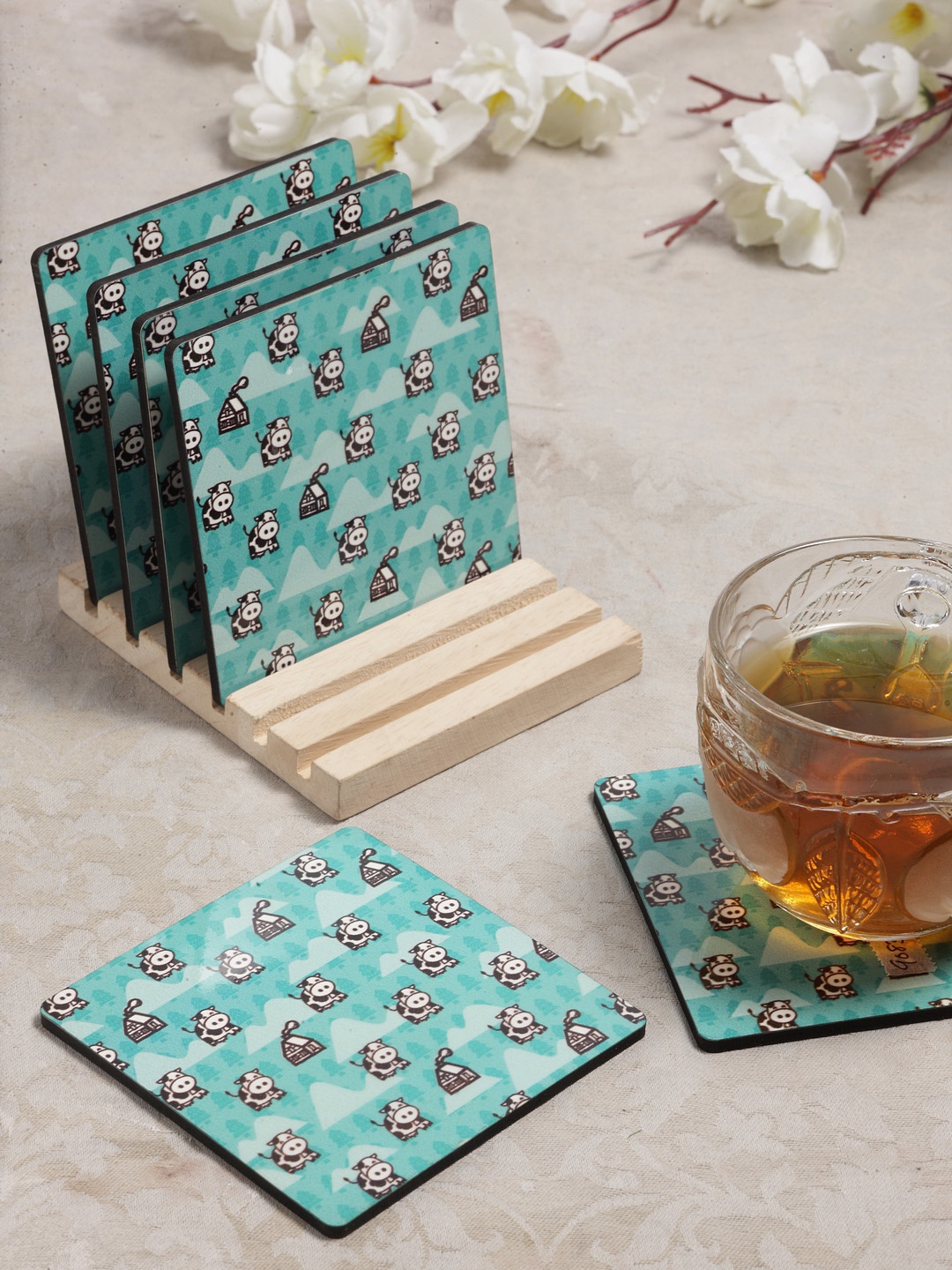 

Alina Decor Set of 6 Printed Coasters With Wooden Stand, Green