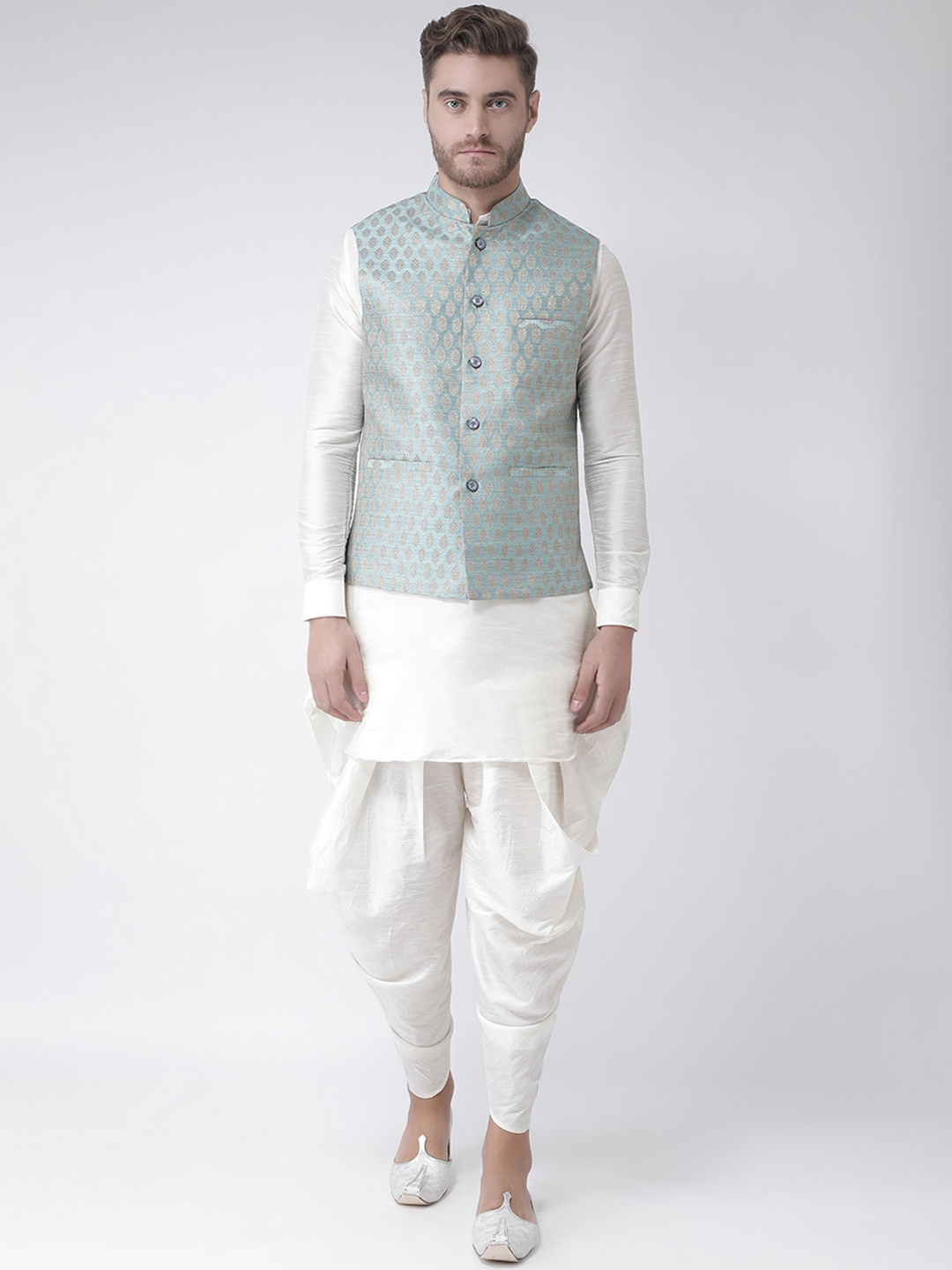 

DEYANN Men Off-White Solid Kurta with Patiala & Nehru Jacket
