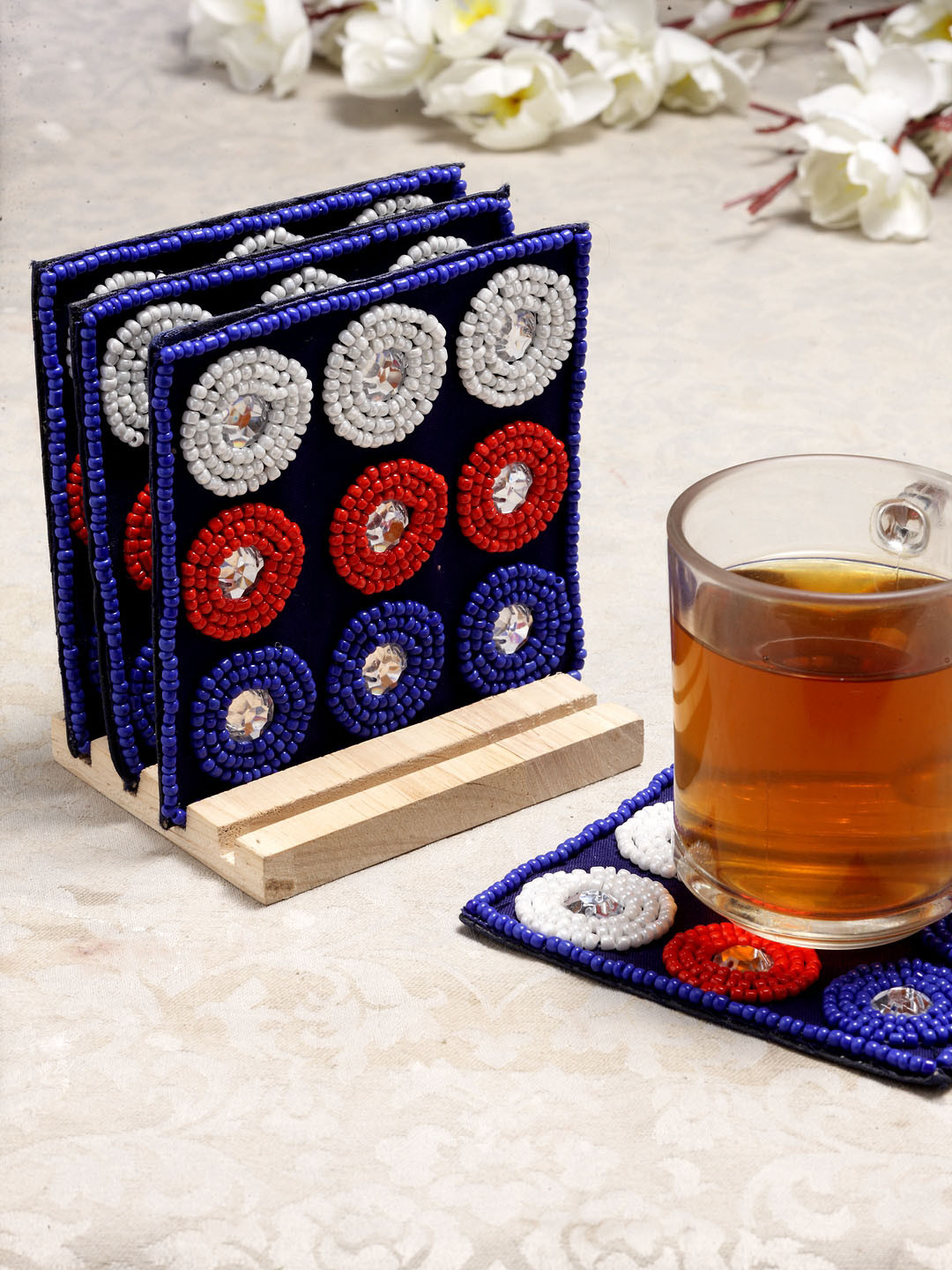 

Alina Decor Set of 4 Beads Work Coasters With Wooden Stand, Multi