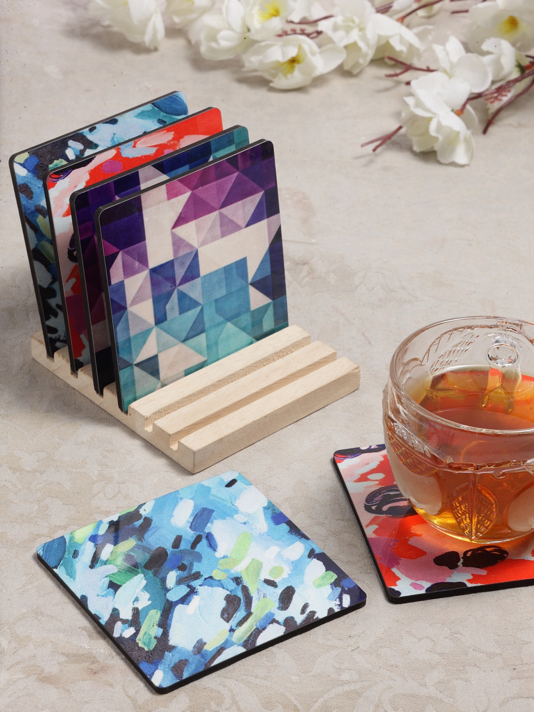 

Alina Decor Set of 6 Printed Coasters With Wooden Stand, Multi