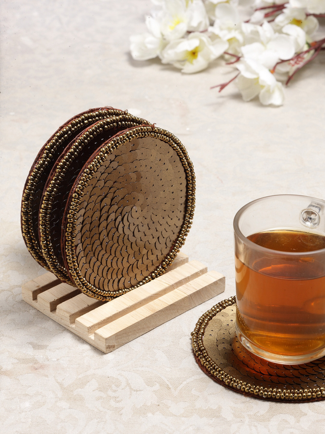 

Alina Decor Set of 4 Beads Work Coasters With Wooden Stand, Copper