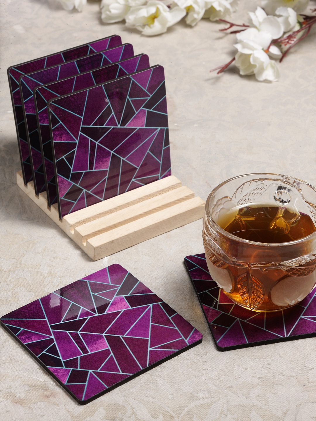 

Alina Decor Set of 6 Printed Coasters With Wooden Stand, Purple