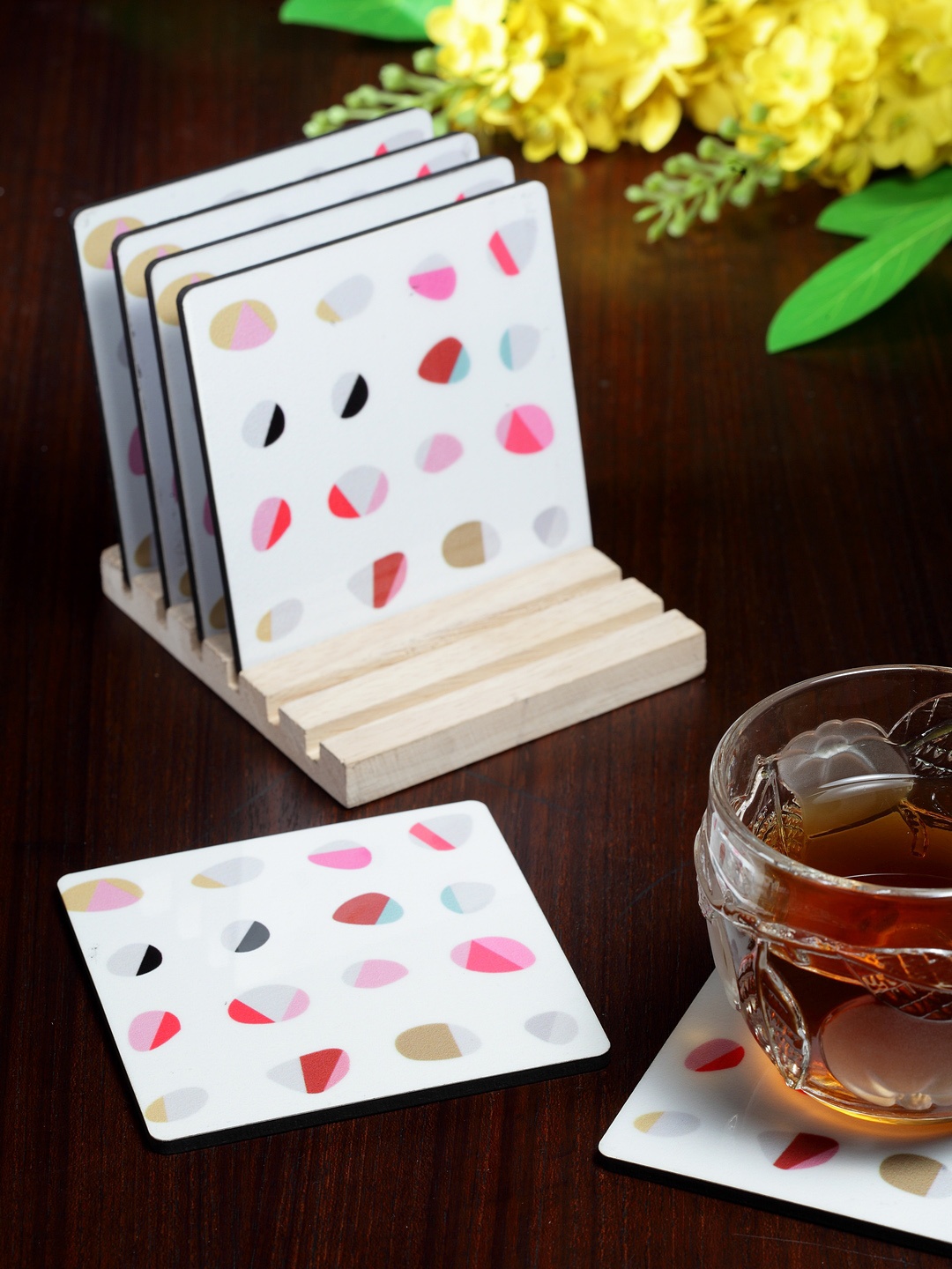 

Alina Decor Set of 6 Printed Coasters With Wooden Stand, Off white
