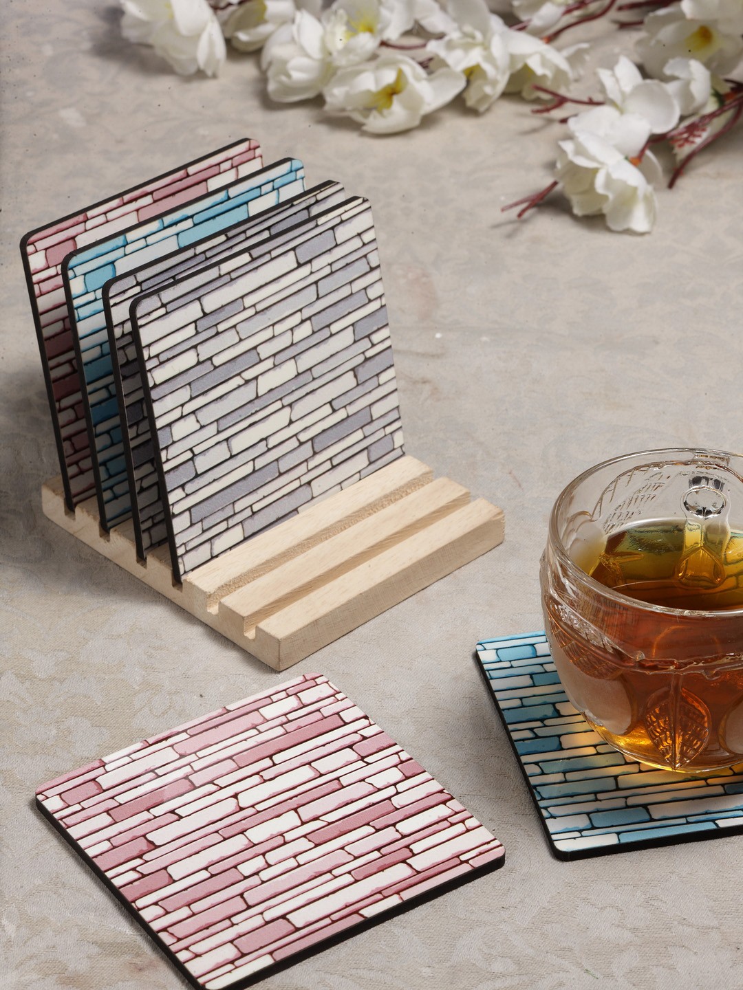

Alina Decor Set of 6 Printed Coasters With Wooden Stand, Multi