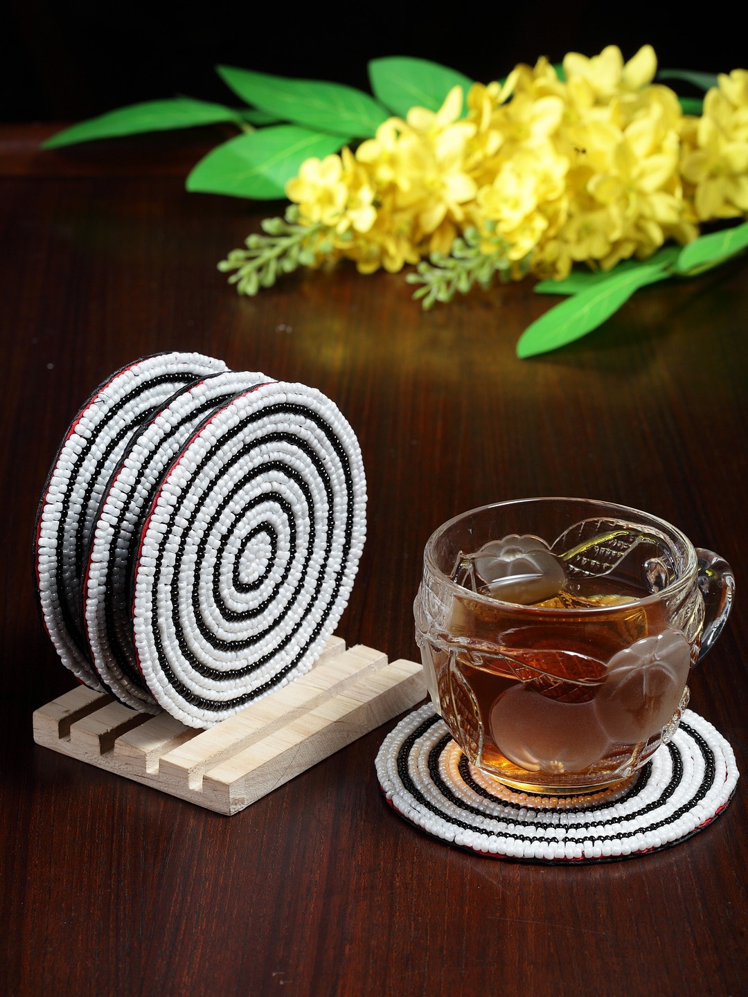 

Alina Decor Set of 4 Beads Work Coasters With Wooden Stand, White