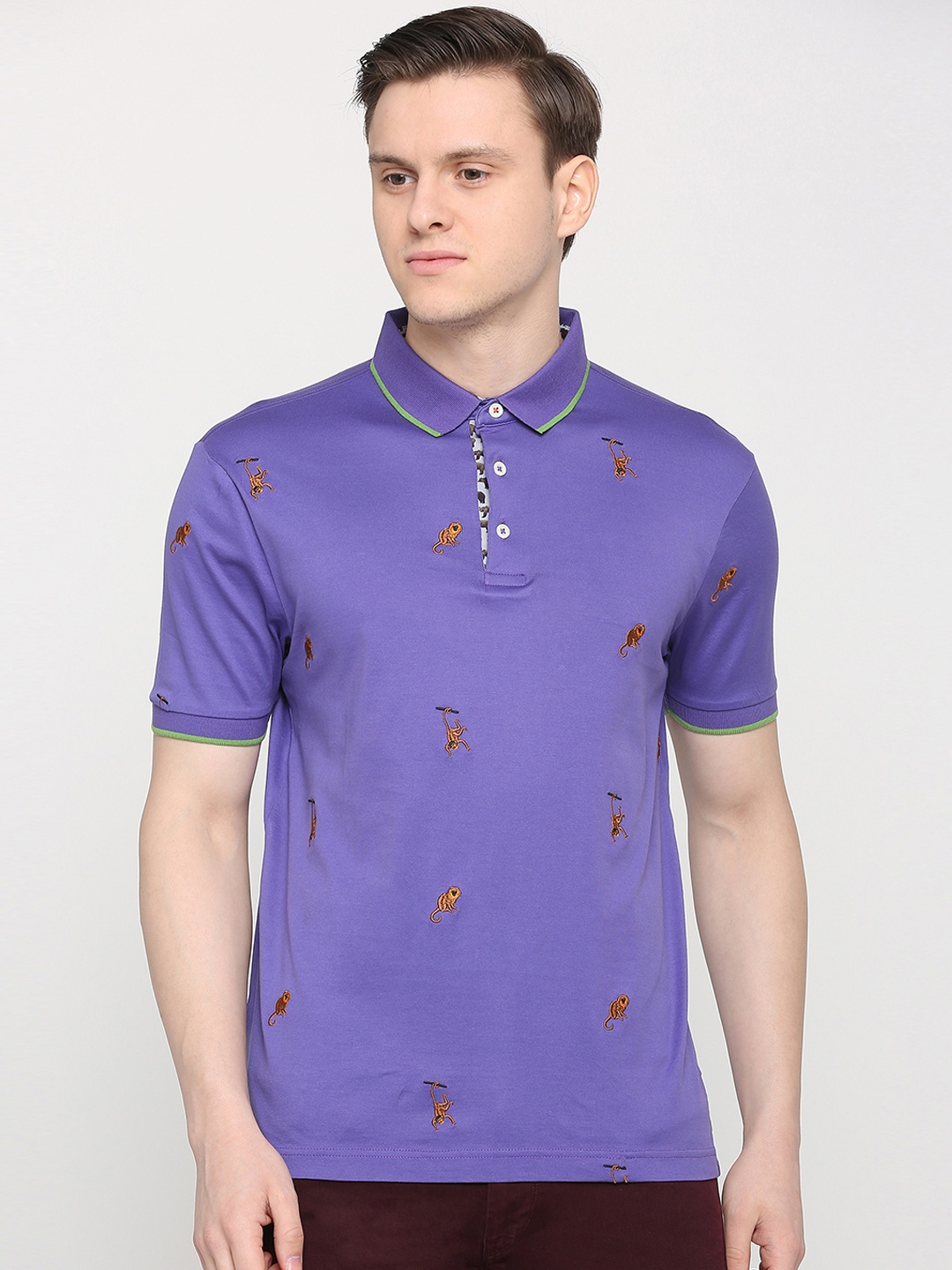 

SIMON CARTER LONDON Men Purple Printed Polo Collar Pure Cotton T-shirt