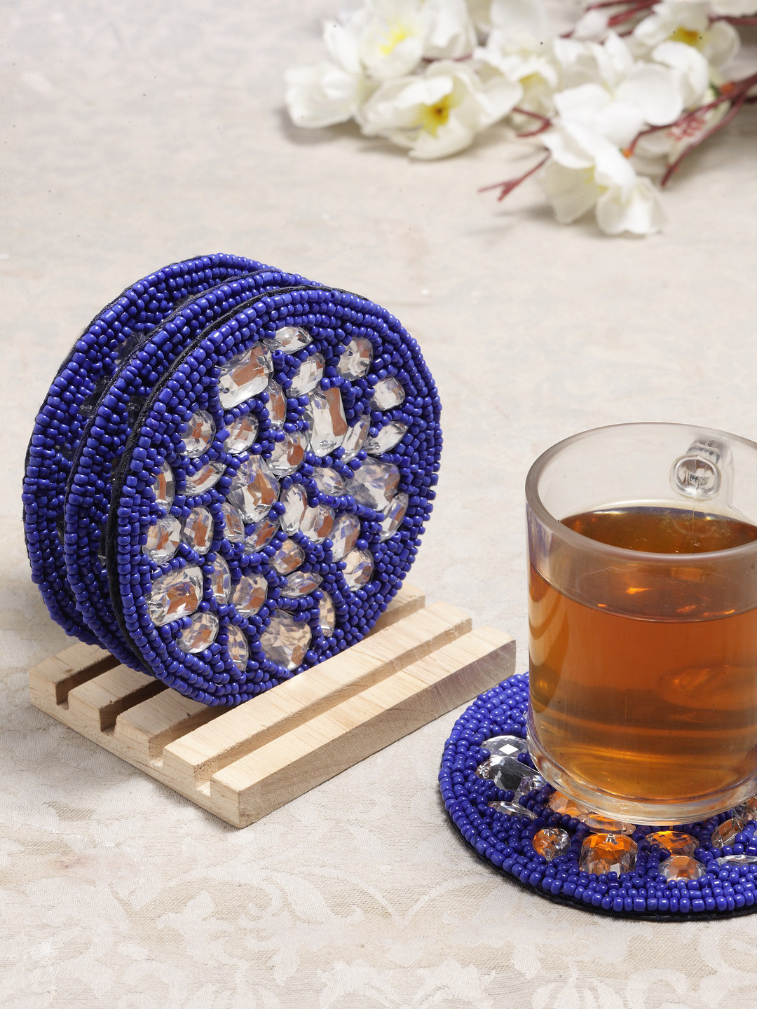 

Alina Decor Set of 4 Beaded Coasters With Wooden Stand, Blue