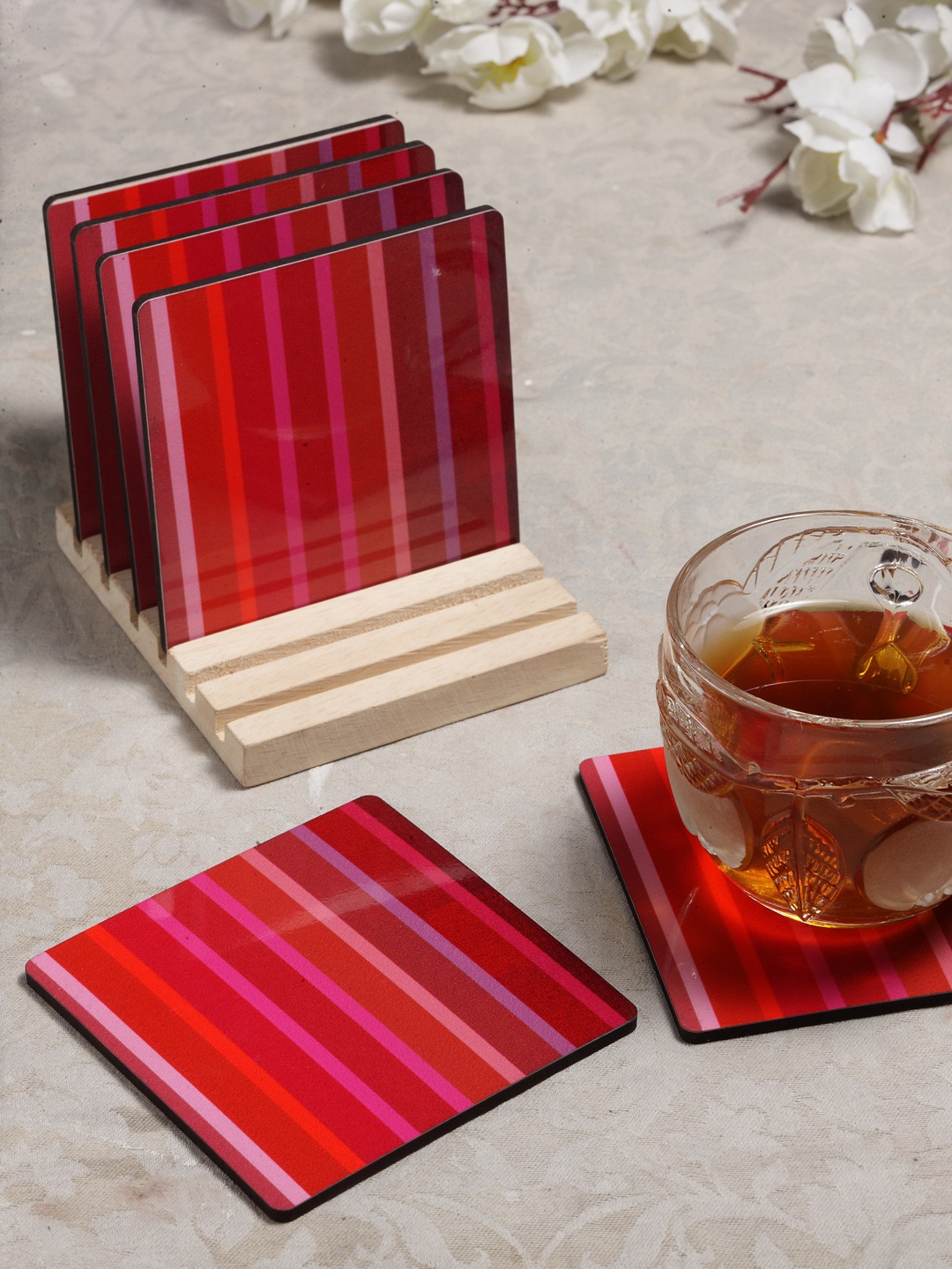 

Alina Decor Set of 6 Printed Coasters With Wooden Stand, Red