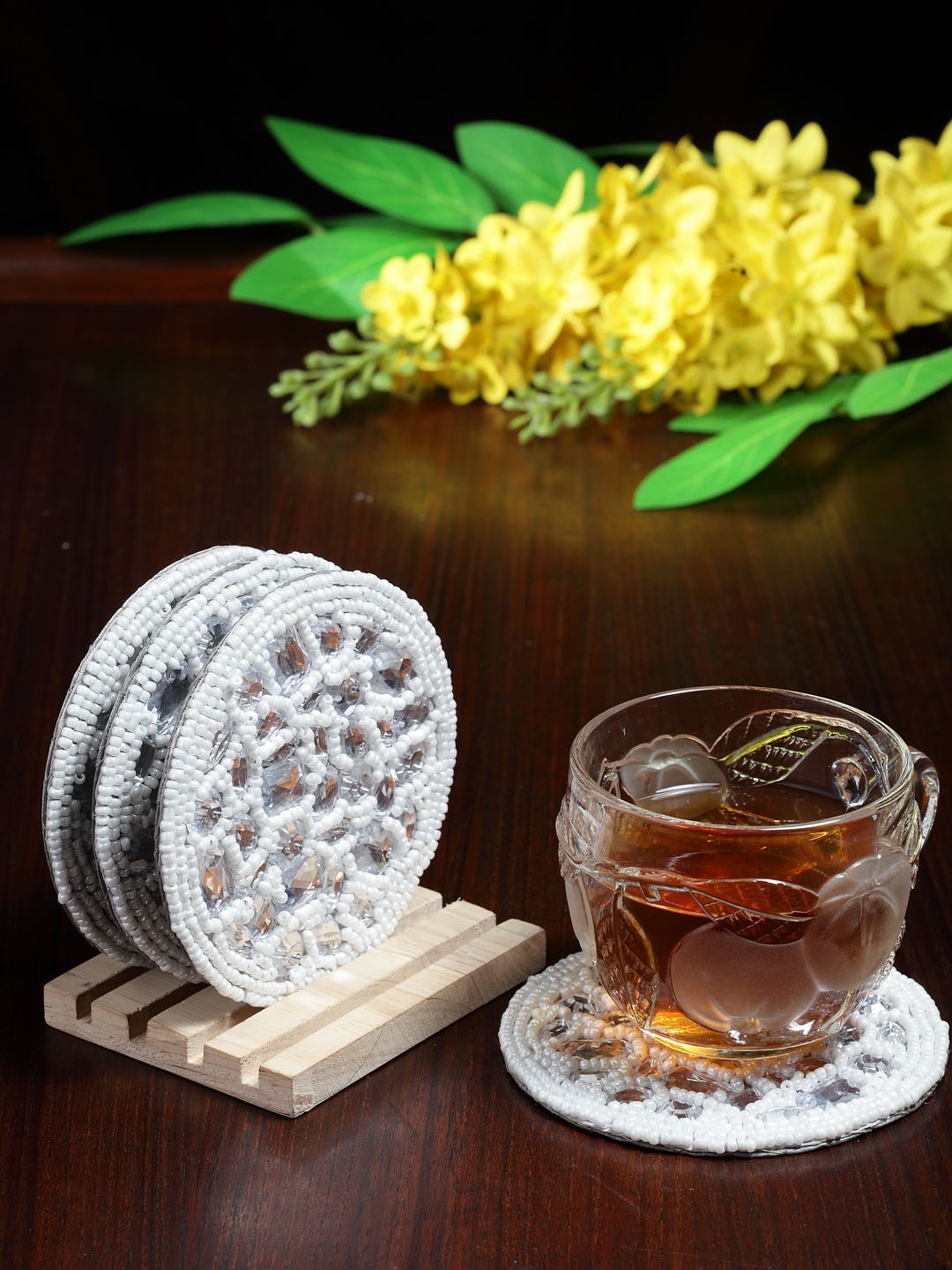 

Alina Decor Set of 4 Beads Work Coasters With Wooden Stand, Off white