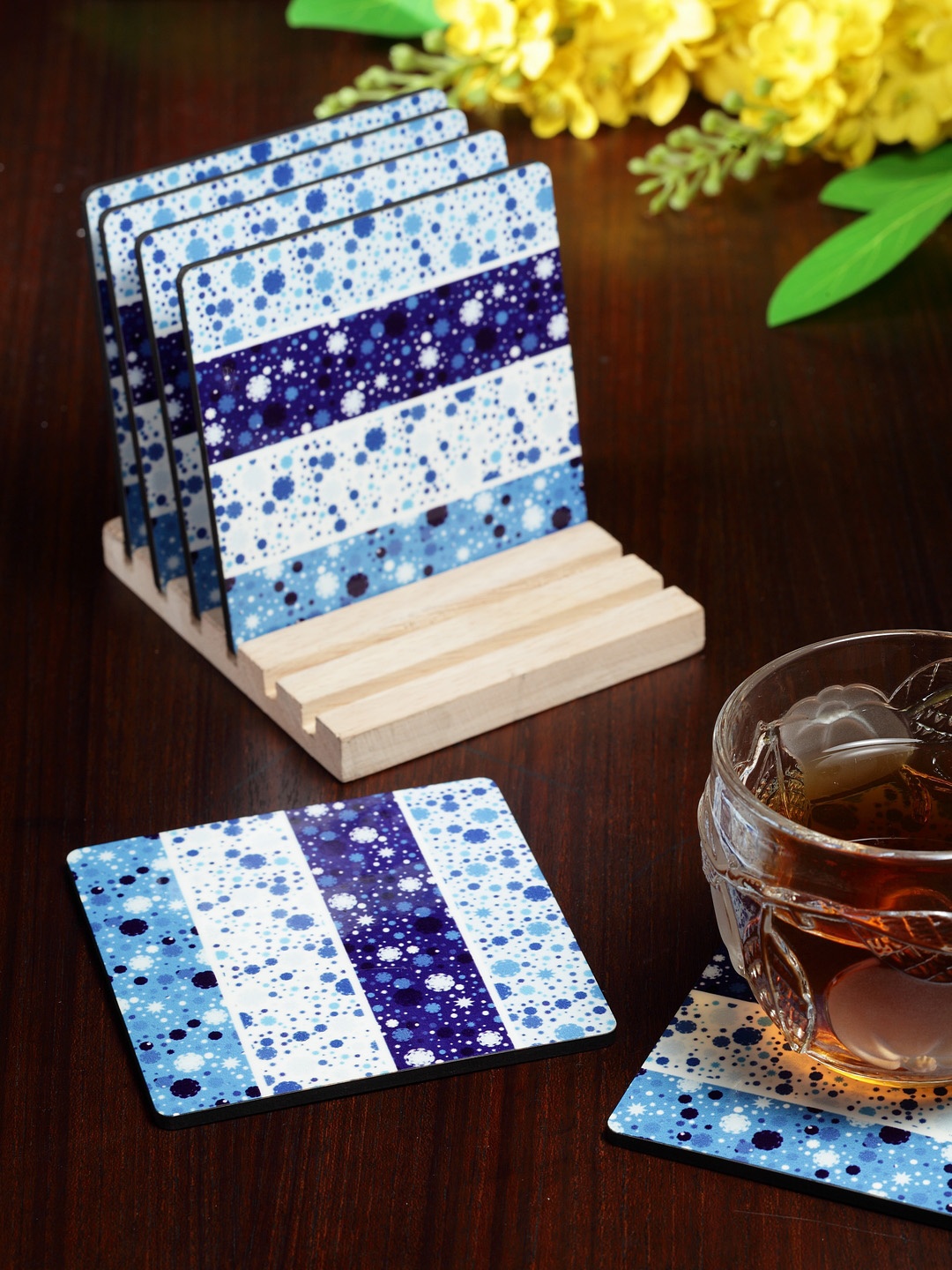 

Alina Decor Set of 6 Printed Coasters With Wooden Stand, Blue