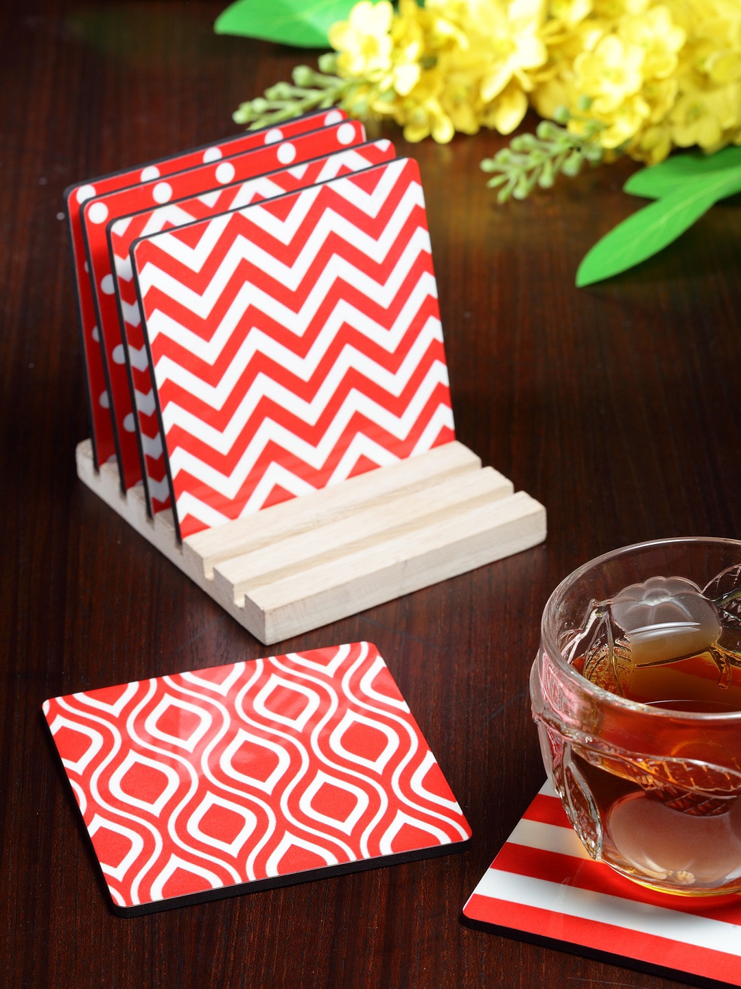 

Alina Decor Set of 6 Printed Coasters With Wooden Stand, Red