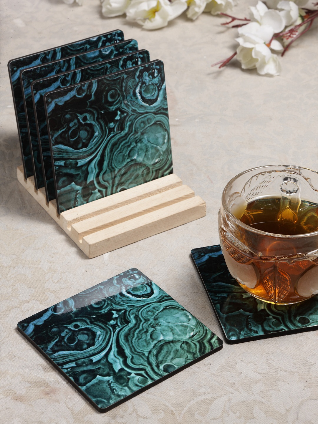 Alina Decor Set of 6 Printed Coasters With Wooden Stand, Green