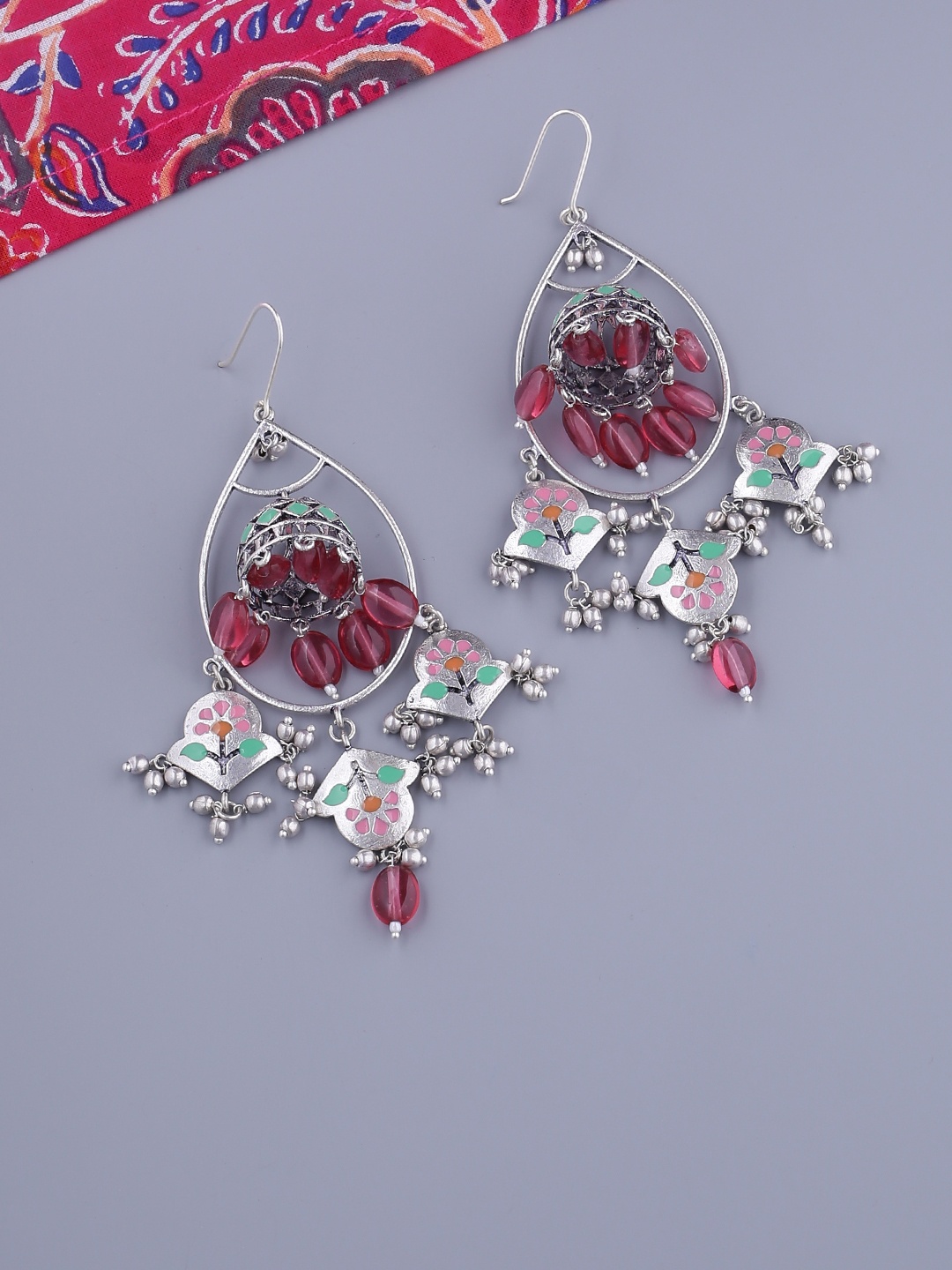 

Voylla Multicoloured & Silver-Plated Enamelled Dome Shaped Jhumkas, Multi