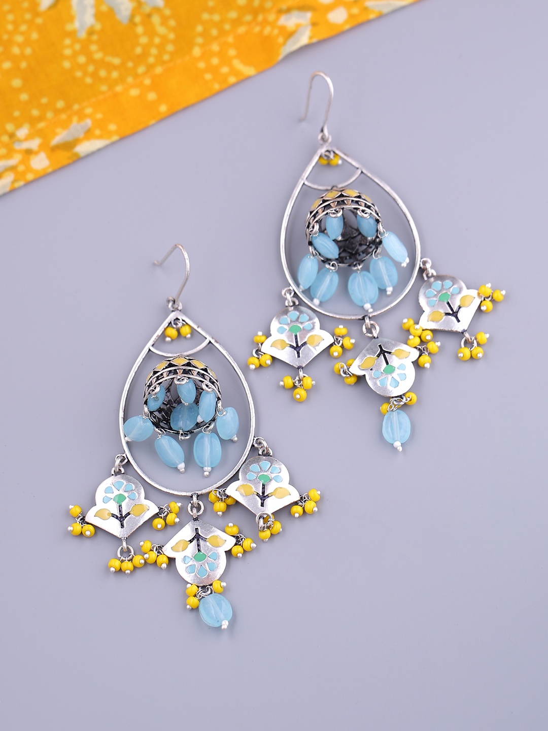

Voylla Silver-Plated & Blue Enamelled Teardrop Shaped Jhumkas