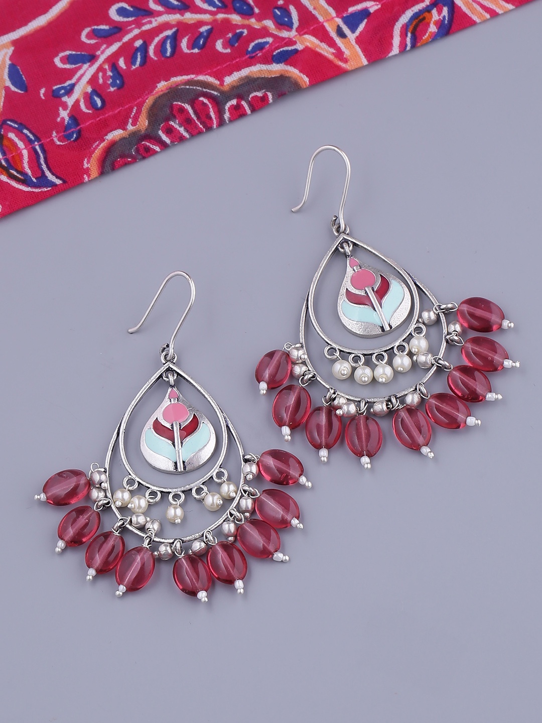 

Voylla Maroon & Silver-Plated Enamelled Teardrop Shaped Drop Earrings