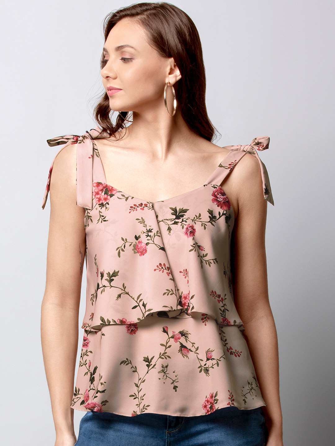

FabAlley Women Beige Printed Tiered Top