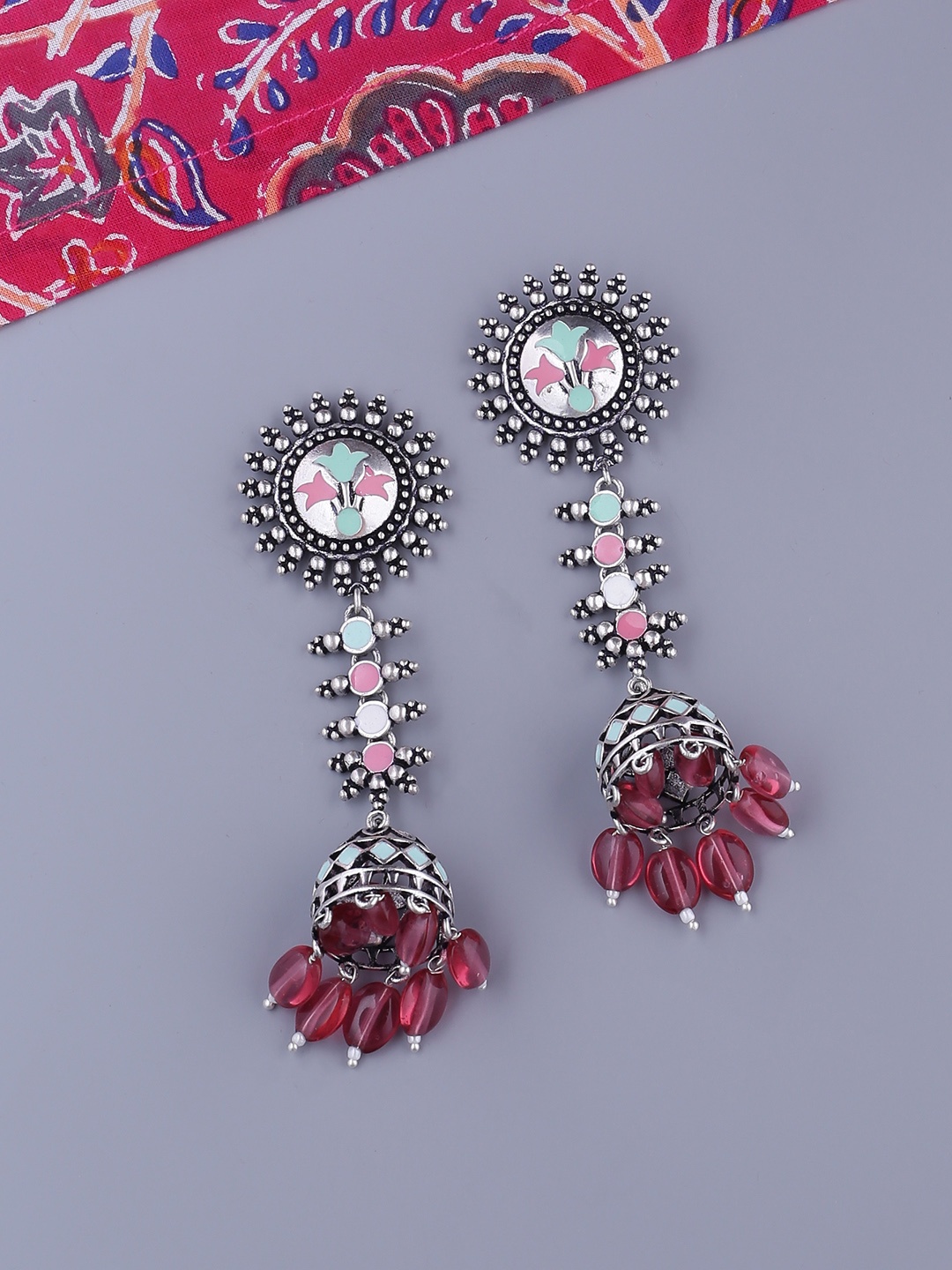 

Voylla Silver-Plated & Pink Enamelled Dome Shaped Jhumkas