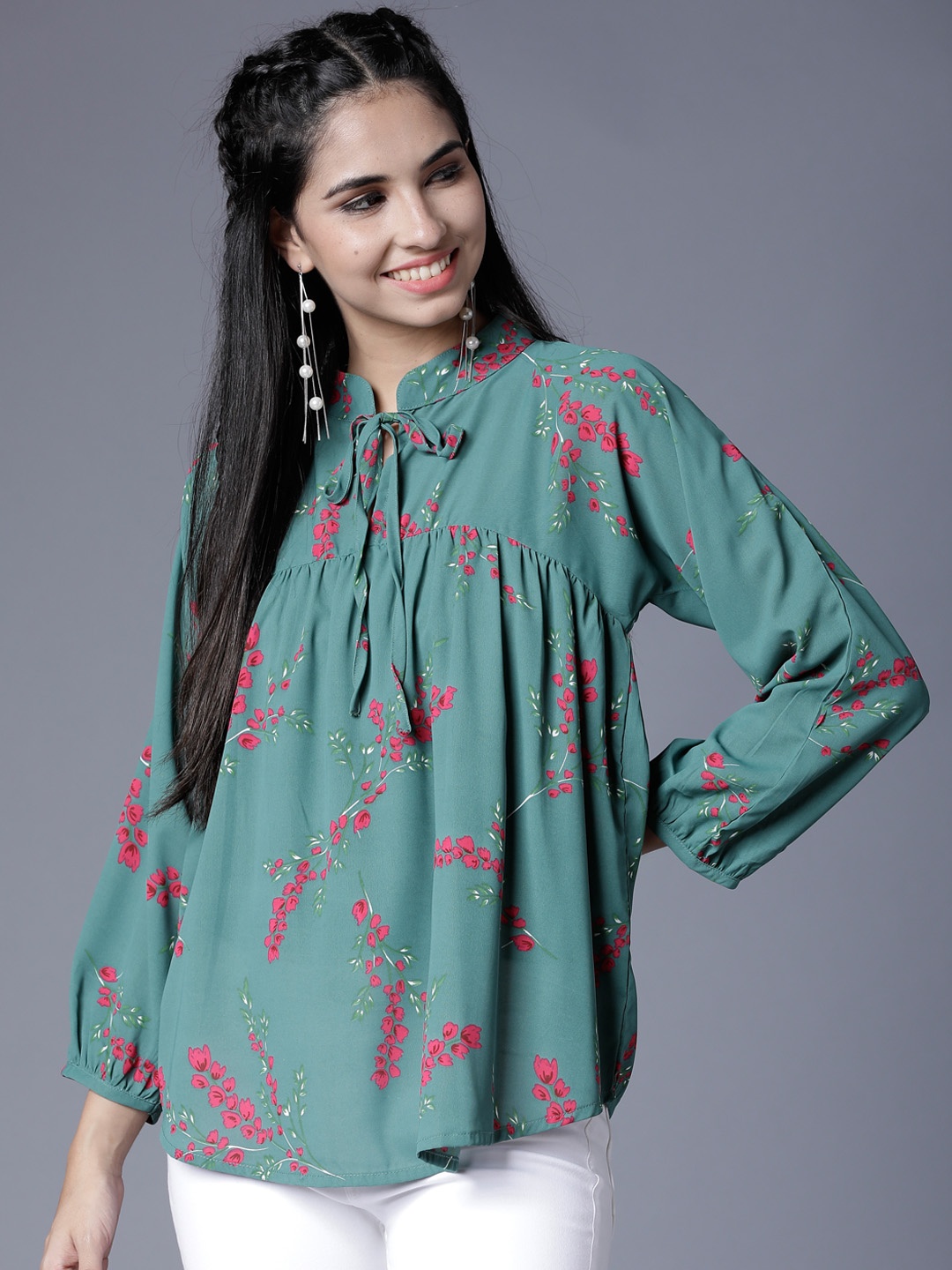 Tokyo Talkies Women Teal Green & Pink Printed A-Line Top