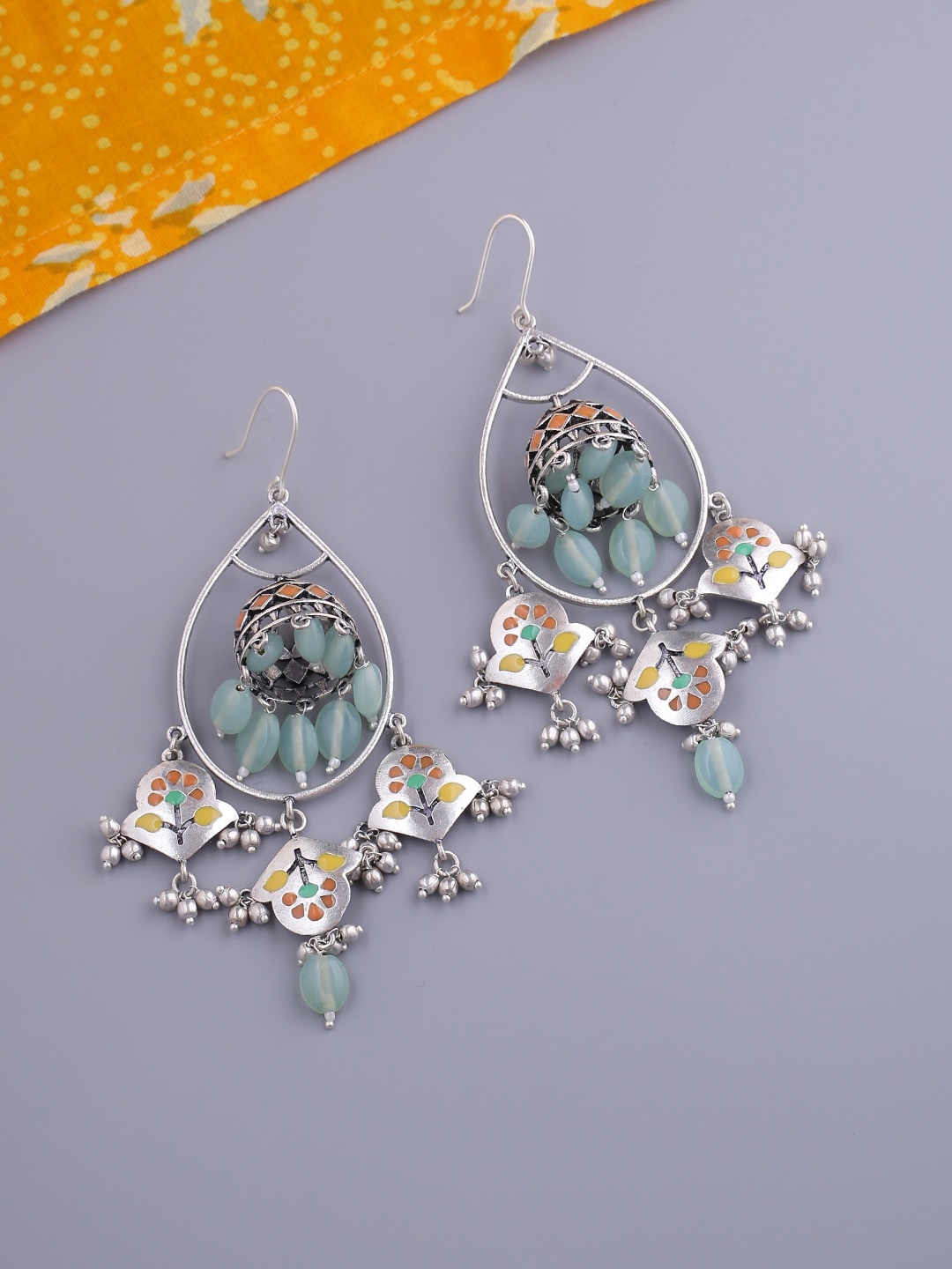 Voylla Silver-Toned Teardrop Shaped Jhumkas