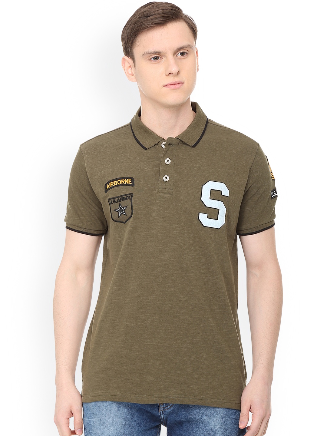 

People Men Olive Green Printed Polo Collar Pure Cotton T-shirt