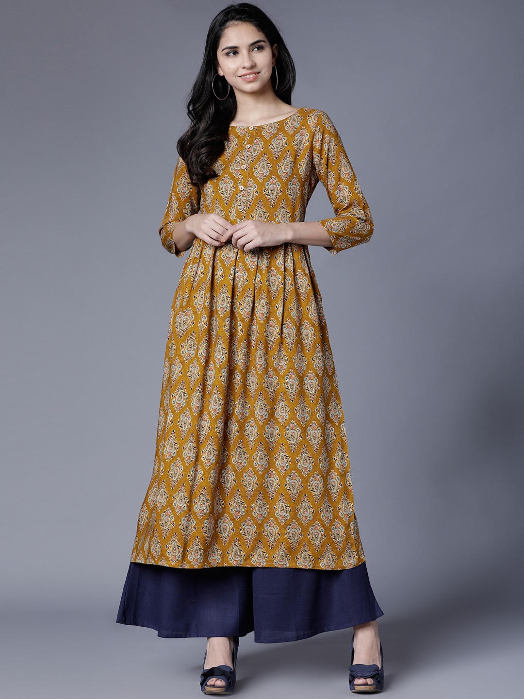 

Vishudh Women Mustard & Cream-Coloured Printed A-Line Kurta