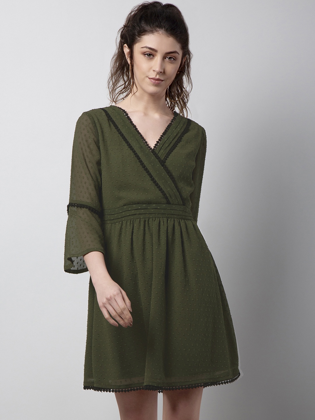

FabAlley Women Green Self Design Fit and Flare Dress