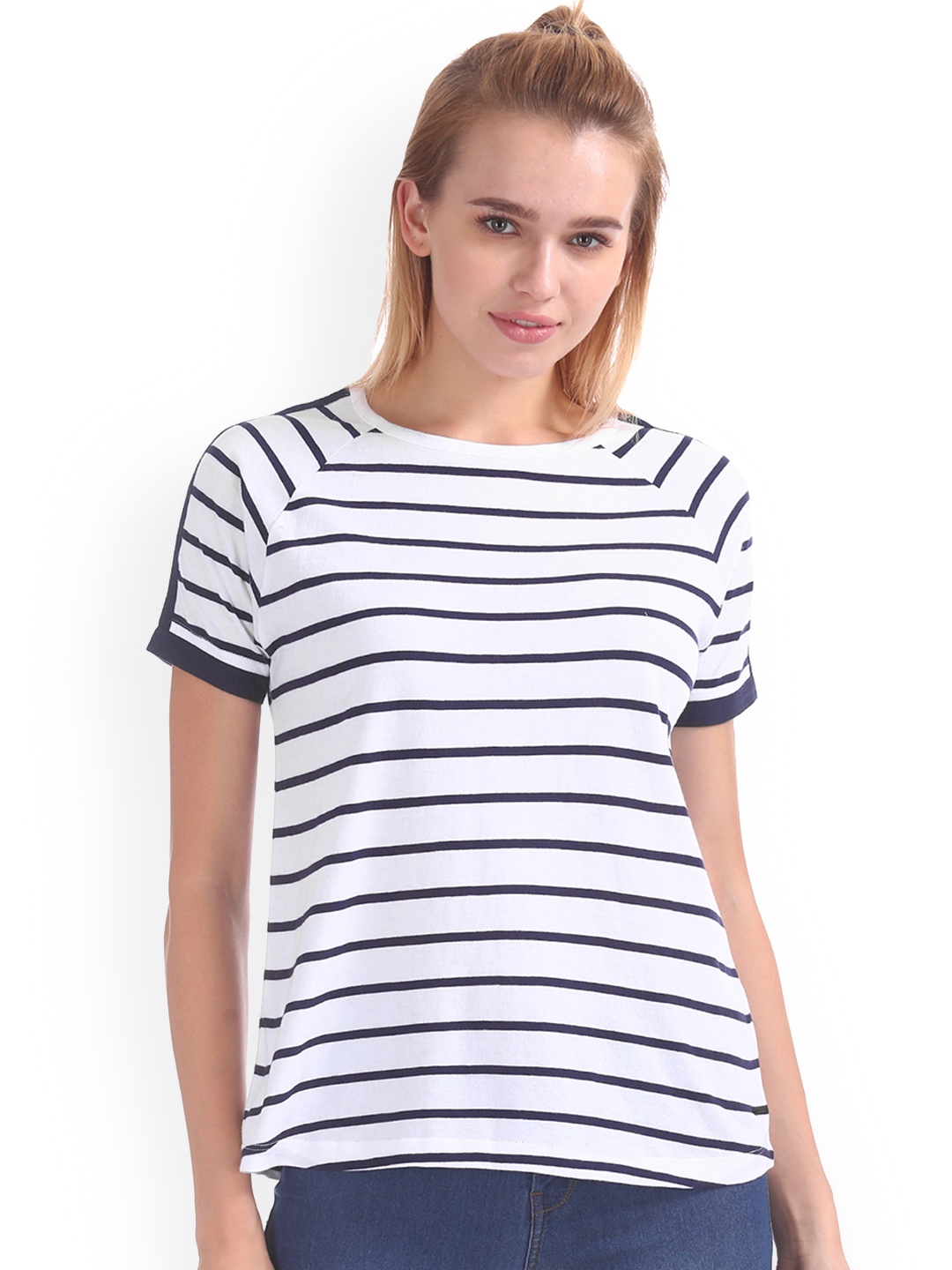 

Flying Machine Women White Blue Striped Round Neck Pure Cotton T-shirt