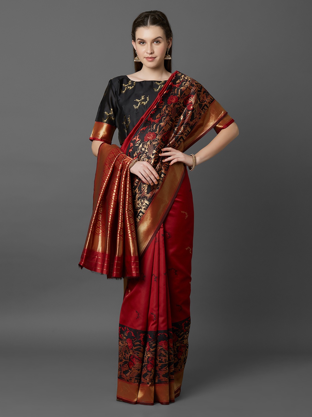 

Mitera Red Silk Blend Solid Banarasi Saree