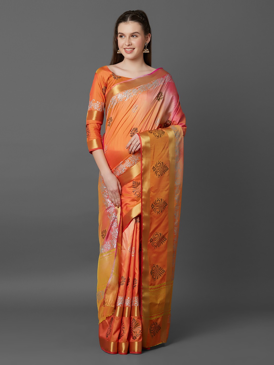 

Mitera Orange Silk Blend Woven Design Banarasi Saree