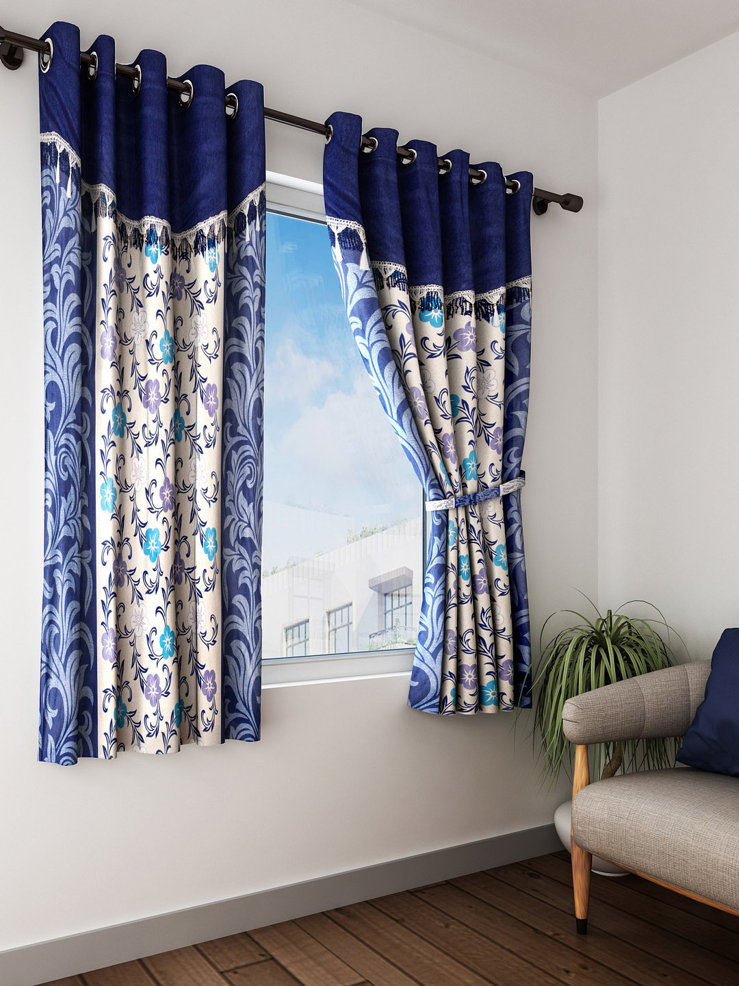 

Fashion String Blue & Beige Set of 2 Window Curtains