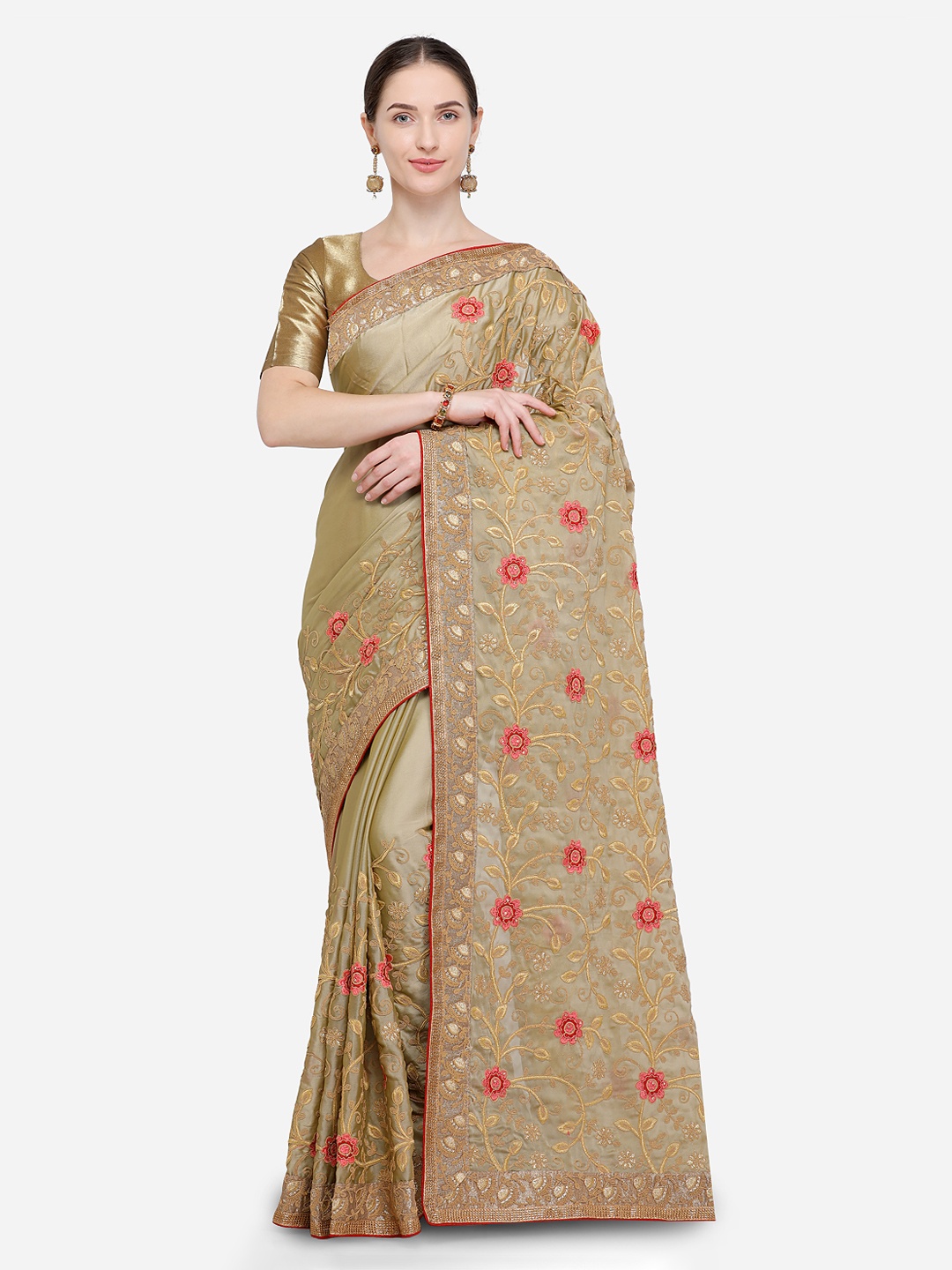 

Kalista Beige Embroidered Poly Georgette Saree