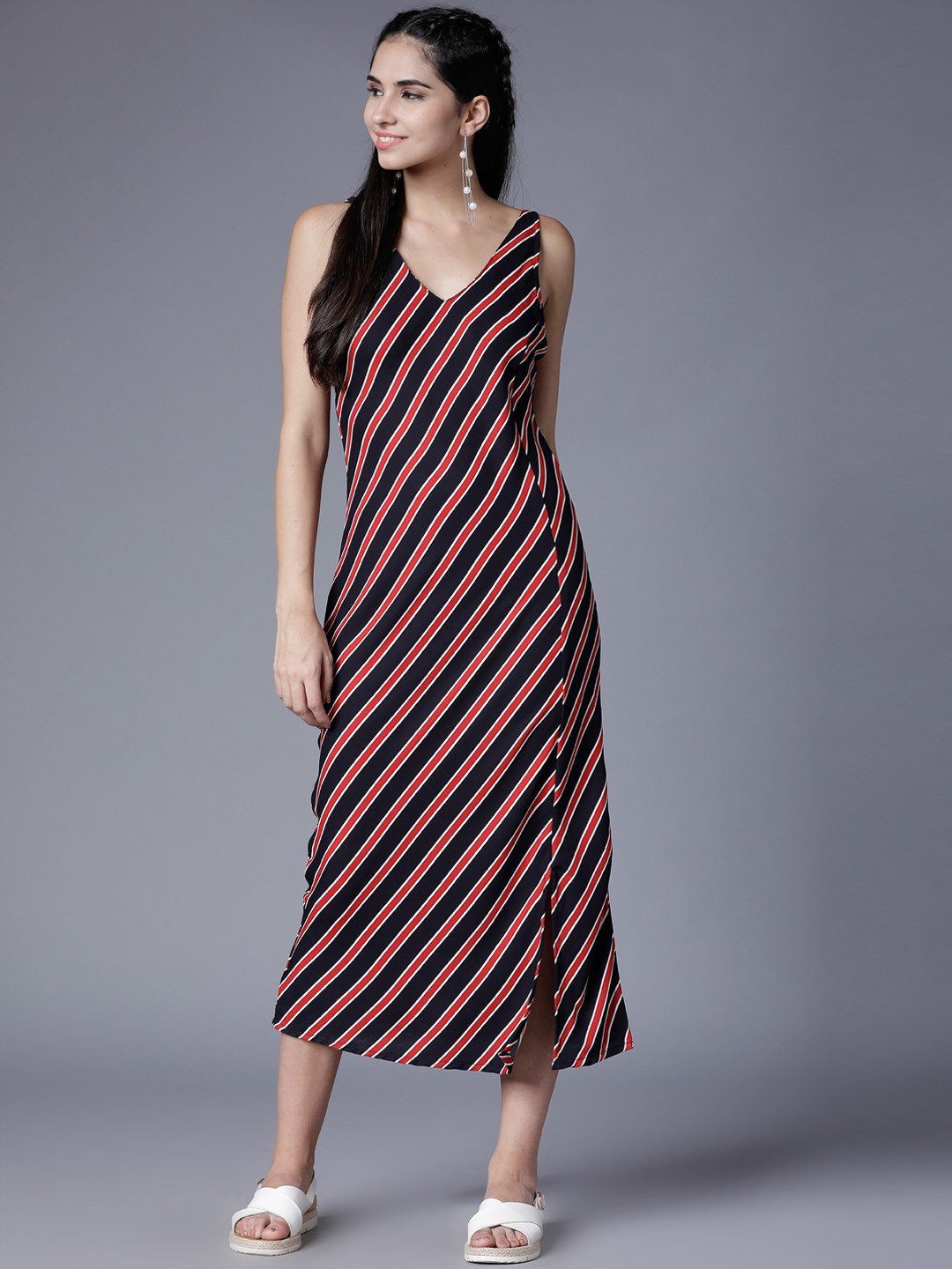 

Tokyo Talkies Women Black & Red Striped A-Line Dress