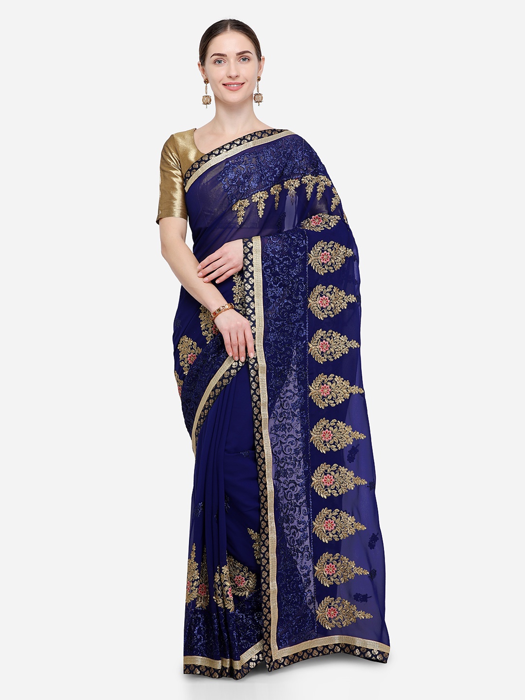 

Kalista Navy Blue Embroidered Poly Georgette Saree