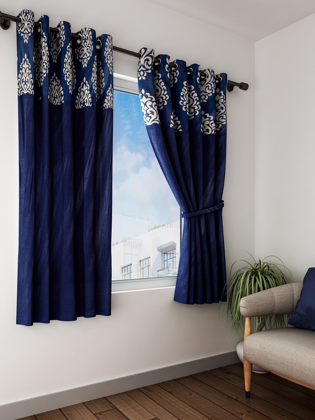 

Fashion String Navy Blue & Cream-Coloured Set of 2 Window Curtains