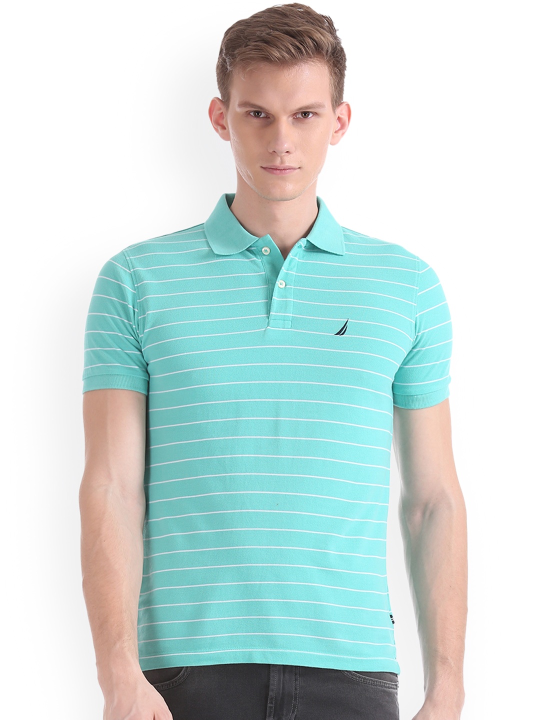 

Nautica Men Green Striped Polo Collar Pure Cotton T-shirt
